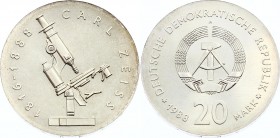 Germany - DDR 20 Mark 1988 A
KM# 124; 100th Anniversary - Death of Carl Zeiss, Glass Scientist; Silver; UNC