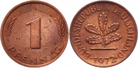 Germany - FRG 1 Pfennig 1972 G Error Coaxiality
KM# 105; Copper Plated Steel 1,96g.; XF