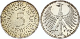 Germany FRG 5 Mark 1967 F
KM# 112; Silver Prooflike; UNC with Amazing Toning!