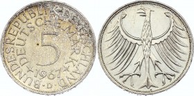 Germany FRG 5 Mark 1967 D
KM# 112; Silver; UNC with Amazing Toning!