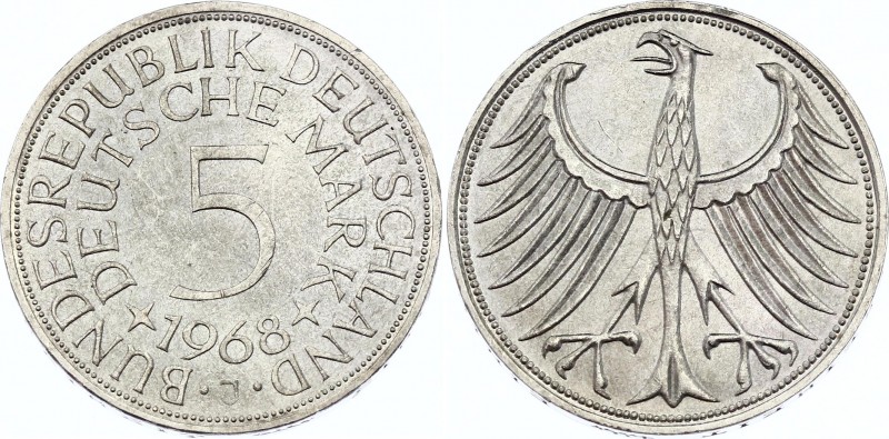 Germany FRG 5 Mark 1968 J
KM# 112; Silver; UNC with Amazing Toning!