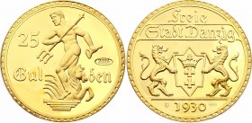 Germany Danzig 25 Gulden 1930 (2004) Collectors Copy!
Gold plated Silver 14.86g.; UNC