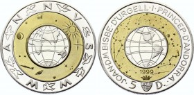 Andorra 5 Diners 1999 
KM# 155; Silver Center and Brass Ring are within a Silver Ring; Silver; Proof