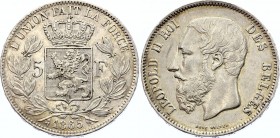 Belgium 5 Francs 1865 Rare Date
KM# 24; Silver; Léopold II (Small head); XF
