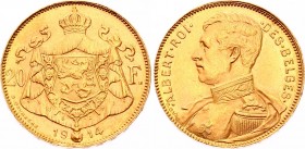 Belgium 20 Francs 1914 
KM# 78; Albert I; Gold (.900) 6.45g; UNC