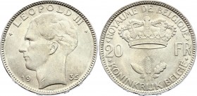 Belgium 20 Francs 1935 
KM# 105; Silver; Leopold III; UNC