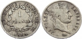 France 1 Franc 1808
KM# 153b.3; Silver; Napoleon; One year type coin with description REPUBLIQUE and laureate head; Mint Strasbourg; VF