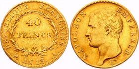France 40 Francs 1804-05 A Napoleon I
KM# 664.1; Napoleon I; Mint: Paris; Gold (.900) 12.90g; VF+/XF-