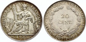 French Indochina 20 Centimes 1937
KM# 17.2; Silver; Nice Toning!