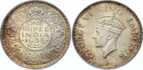 British India 1 Rupee 1938 
KM# 555; Silver; George VI; UNC with Outstanding Toning!