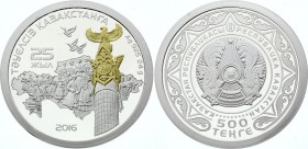 Kazakhstan 500 Tenge 2016
KM# 334; Silver Proof; 25th Anniversary of Independence of Kazakhstan; With VIP Certificate # 0027 & Original Box