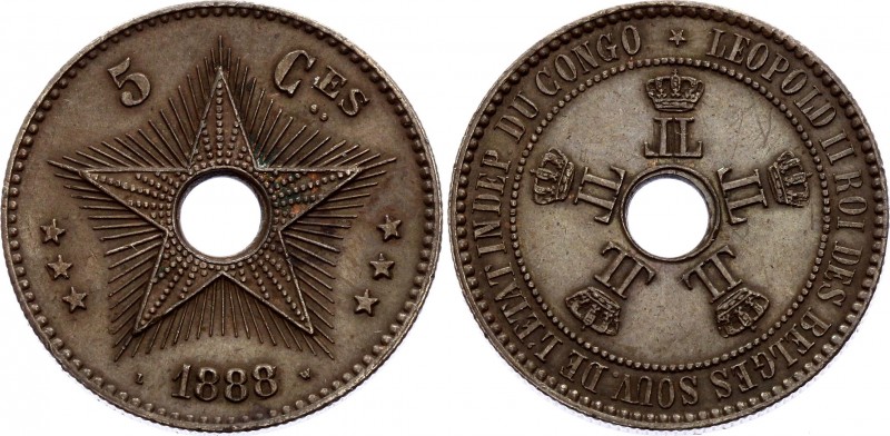 Belgian Congo 5 Centimes 1888
KM# 3; Copper; Leopold II; AUNC