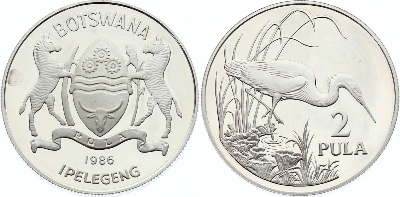 Botswana 2 Pula 1986 
KM# 18; Silver Proof; Wildlife Series - Slaty Egret