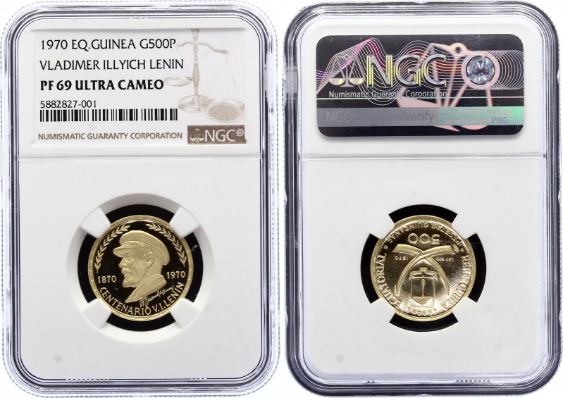 Equatorial Guinea 500 Pesetas 1970 NGC PF69UC
KM# 23; Gold (900); Vladimir Illy...