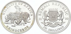 Somalia 250 Shillings 2000 
Wild Life of Africa: Rhinoceros; Silver; Proof