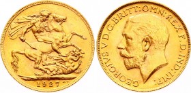 South Africa 1 Sovereign 1927 SA
KM# 21; Gold (.917) 7.99g 22mm; George V