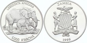 Zambia 5000 Kwacha 1999 
KM# 92; African Wildlife; Elephants; Silver; Proof
