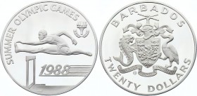 Barbados 20 Dollars 1988 
KM# 49; Silver Proof; 1988 Summer Olympics, Seoul