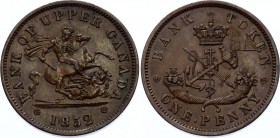 Canada Penny Token 1852 
KM# Tn3; Copper 15.92g 33mm; The Bank of Upper Canada; XF+