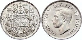 Canada 50 Cents 1943 
KM# 36; Silver; George VI (with IND:IMP:); AUNC with Mint Luster!