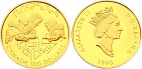 Canada 100 Dollars 1990 
KM# 171; Gold (.583) 13.33g 27mm; Proof; United Nations Literacy Year