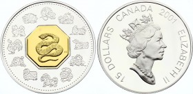 Canada 15 Dollars 2001 
KM# 415; Silver Proof; Lunar Cameo Coin - Year of the Snake; With Original Box & Certificatooster