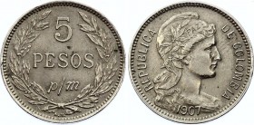 Colombia 5 Pesos Papel Moneda 1907 AM
KM# 279; aUNC, Not Common