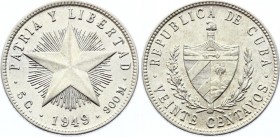 Cuba 20 Centavos 1949 
KM# 13.2 - Fine reeding, Low relief star; AUNC with Full Mint Luster!
