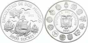 Ecuador 5000 Sucres 1992 
KM# 95; Silver Proof; Ibero-American Series I - Encounter of two Worlds
