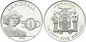 Jamaica 25 Dollar 1992 
KM# 151; Elizabeth II; Discovery of America - Landfall; Silver; Proof