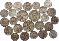 Sweden Lot of 25 Coins 
With Silver; Vatious Dates & Denominations