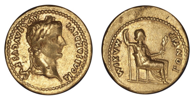 ANCIENT: ROMAN EMPIRE. Tiberius, AD 14-37. AU Gold Aureus, 7.7 g. Well centred o...