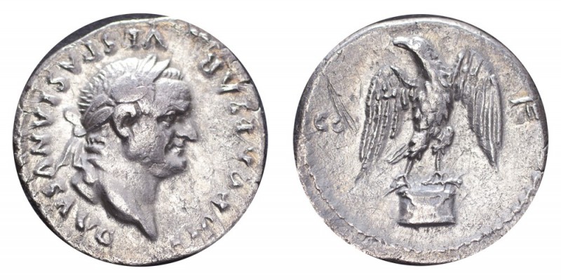 ROMAN EMPIRE. Vespasian, 69-79. AG Denarius, 2.82 g. Laureate head right, eagle ...