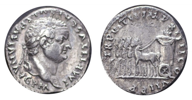 ROMAN EMPIRE. Titus, 79-81. AG Denarius, 3.18 g. Rare, pleasant good very fine, ...