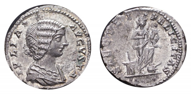 ROMAN EMPIRE. Julia Domna, before 217. AG Denarius, 2.65 g. Mint state with good...
