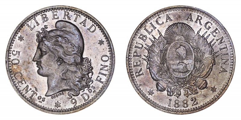 ARGENTINA. Republic. 50 Centavos 1882, 12.5 g. Mintage 476,000. KM# 28. Rare dat...