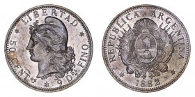 ARGENTINA. Republic. 50 Centavos 1882, 12.5 g. Mintage 476,000. KM# 28. Rare date with low mintage. Near uncirculated with prooflike fields.
