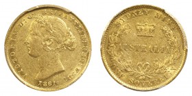 AUSTRALIA. Victoria, 1837-1901. Gold Sovereign 1861-SY, Sydney. 7.99 g. Mintage 1,626,000. KM# 4. A nice AU55 with considerable lustre. Scarce early d...