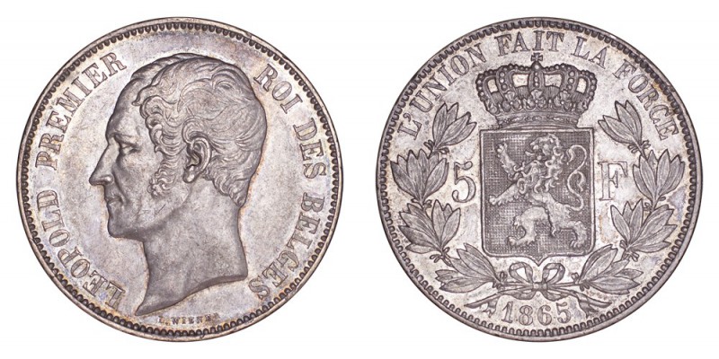 BELGIUM. Leopold, 1831-1865. 5 Francs 1865, Brussels. 25 g. Mintage 907,360. KM#...