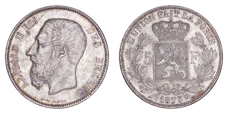 BELGIUM. Leopold II, 1865-1909. 5 Francs 1873, Brussels. 25 g. Mintage 22,340,95...