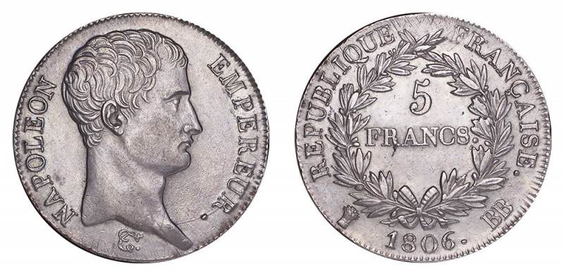 FRANCE. Napoleon I, 1804-1814, 1815. 5 Francs 1806-BB, Paris. 25 g. Mintage 826,...