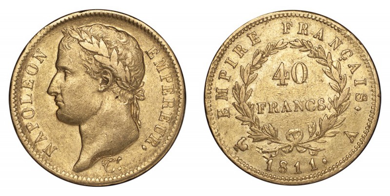 FRANCE. Napoleon I, 1804-1814, 1815. Gold 40 Francs 1811-A, Paris. 12.9 g. Minta...