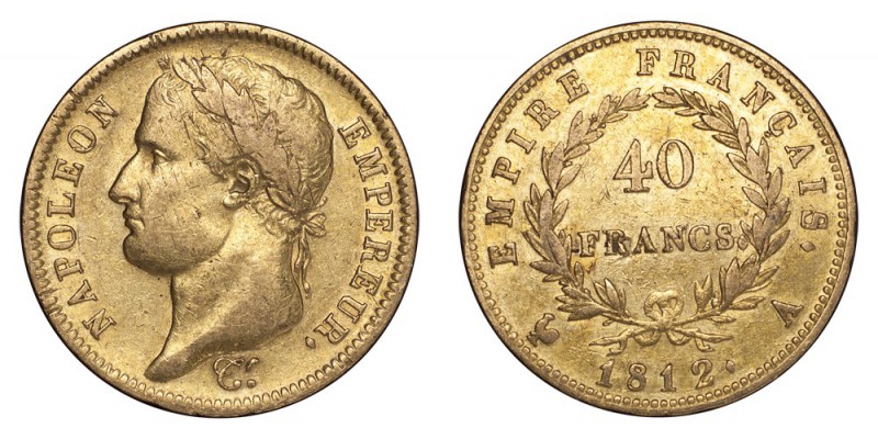 FRANCE. Napoleon I, 1804-1814, 1815. Gold 40 Francs 1812-A, Paris. 12.9 g. Minta...