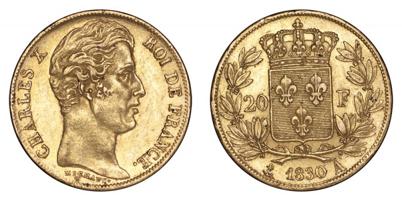 FRANCE. Charles X, 1824-30. Gold 20 Francs 1830-A, Paris. 6.45 g. Mintage 431,49...