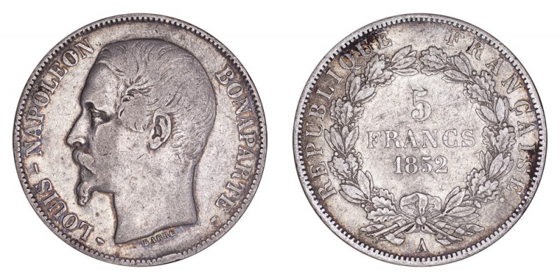 FRANCE. Napoleon III, 1852-70. 5 Francs 1852-A, Paris. 25 g. Mintage 16,096,228....
