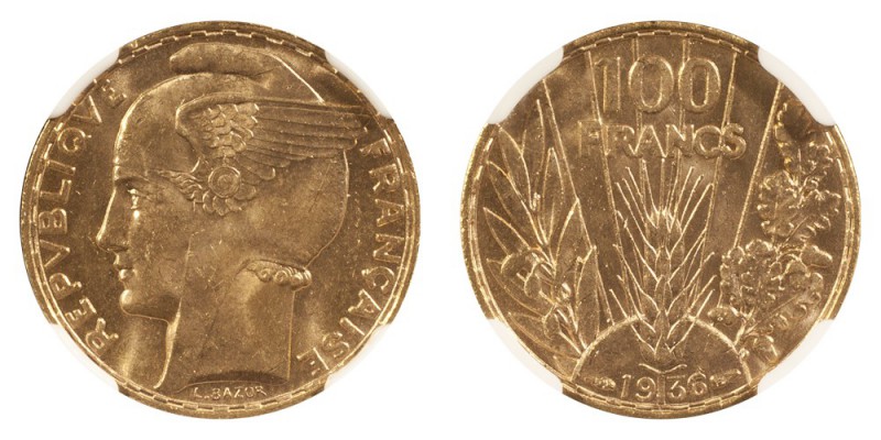 FRANCE. Third Republic, 1870-1940. Gold 100 Francs 1936, Paris. 6.55 g. Mintage ...