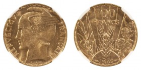 FRANCE. Third Republic, 1870-1940. Gold 100 Francs 1936, Paris. 6.55 g. Mintage 7,688,641. KM# 880. In US plastic holder, graded NGC MS64, certificati...