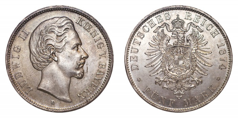 GERMANY: BAVARIA. Ludwig II, 1864-86. 5 Mark 1874-D, Munich. 27.78 g. Mintage 84...