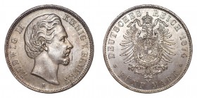 GERMANY: BAVARIA. Ludwig II, 1864-86. 5 Mark 1874-D, Munich. 27.78 g. Mintage 84,960. J.42. About Uncirculated. This lot can be viewed in our YouTube ...