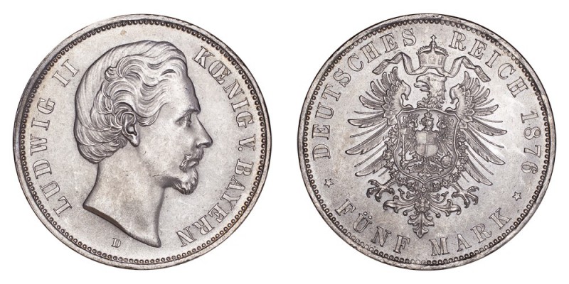 GERMANY: BAVARIA. Ludwig II, 1864-86. 5 Mark 1876-D, Munich. 27.78 g. Mintage 1,...